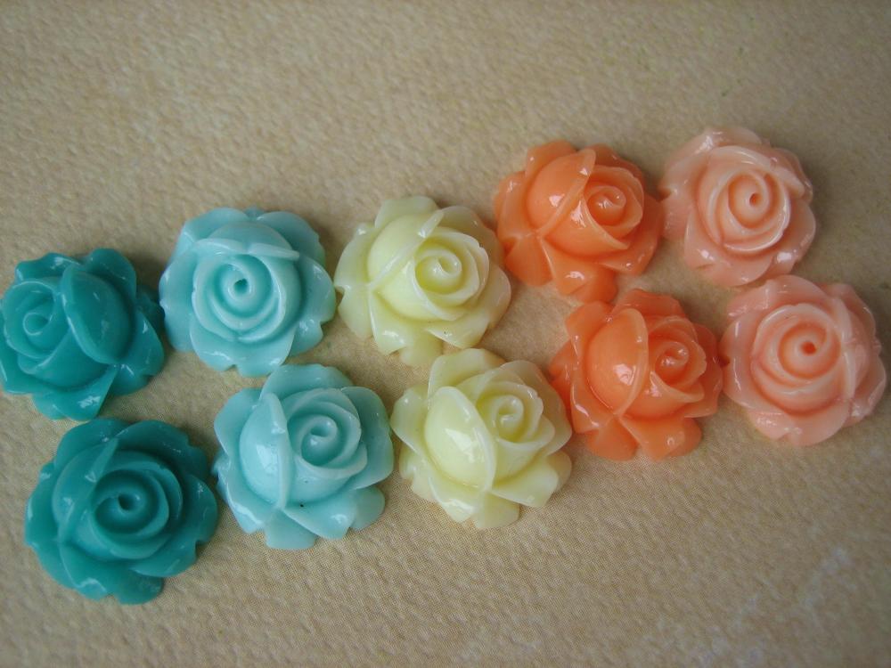 10PCS - Cabbage Rose Flower Cabochons - 15mm - Resin - Mixed Pastels - Findings by ZARDENIA