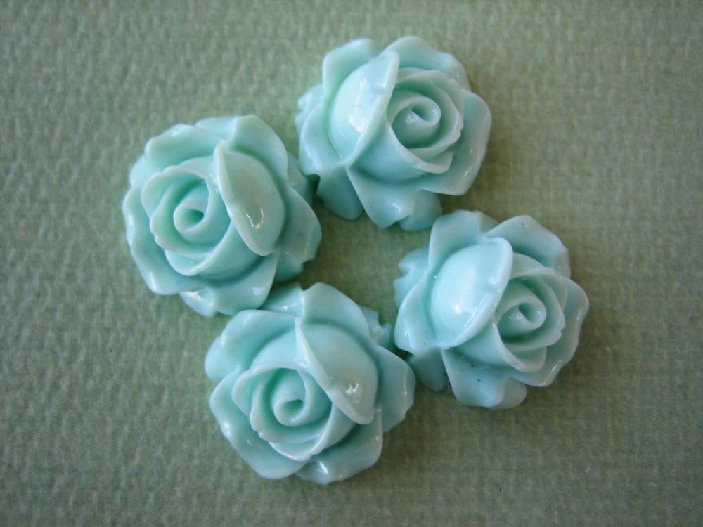 4PCS - Cabbage Rose Flower Cabochons - 15mm - Resin - Aqua - Findings by ZARDENIA