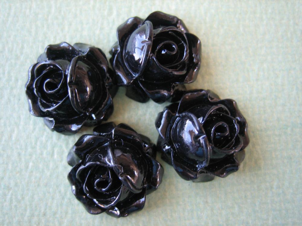 4PCS - Cabbage Rose Flower Cabochons - 15mm - Resin - Black - Findings by ZARDENIA