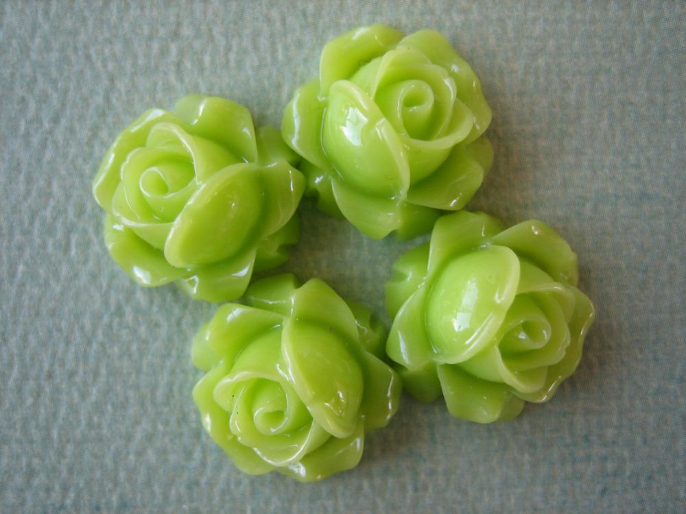 4PCS - Cabbage Rose Flower Cabochons - 15mm - Resin - Neon Green - Findings by ZARDENIA