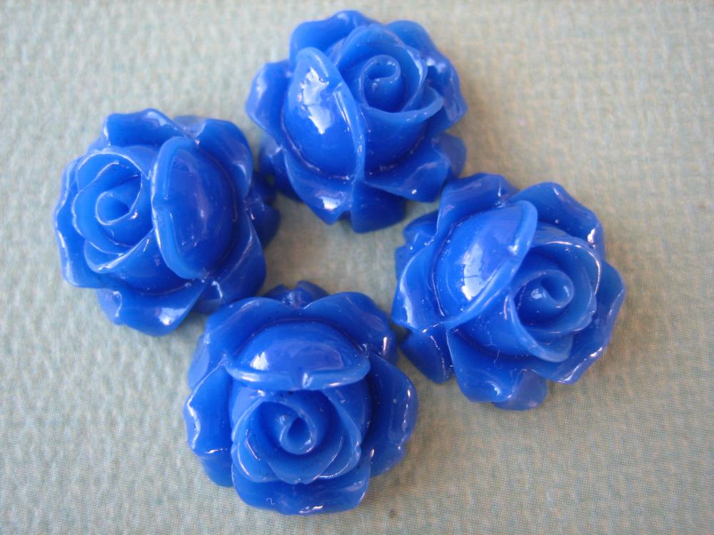 4PCS - Cabbage Rose Flower Cabochons - 15mm - Resin - Blue - Findings by ZARDENIA