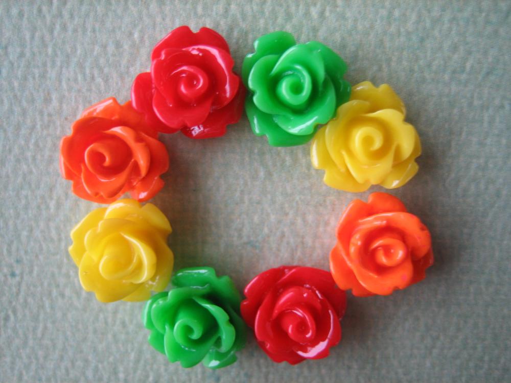 8PCS - Mini Rose Flower Cabochons - 10mm - Resin - Red, Green, Yellow and Orange - Cabochons by ZARDENIA