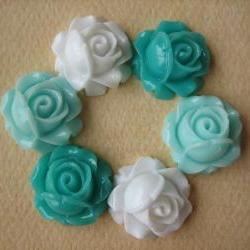 6PCS - Cabbage Rose Flower Cabochons - 15mm - Resin - Aqua, Turquoise and White - Findings by ZARDENIA