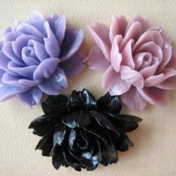 3PCS - Ruffle Roses - 45x35mm - Lilac, Black and Mauve - Cabochons by ZARDENIA