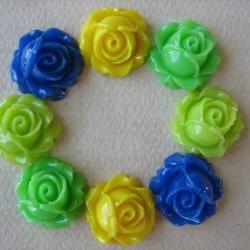 8PCS - Cabbage Rose Flower Cabochons - 15mm - Resin - Blue, Yellow and Greens - Findings by ZARDENIA