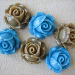 6PCS - Cabbage Rose Flower Cabochons - 15mm - Resin - Blue and Latte - Findings by ZARDENIA