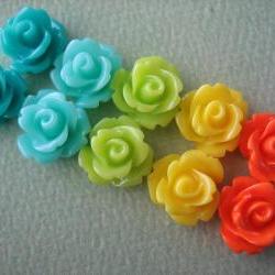 10PCS - Mini Rose Flower Cabochons - 10mm - Resin - Turquoise, Aqua, Green, Yellow and Orange - Cabochons by ZARDENIA
