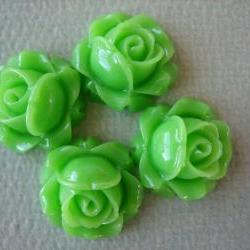 4PCS - Cabbage Rose Flower Cabochons - 15mm - Resin - Apple Green - Findings by ZARDENIA