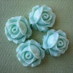 4PCS - Cabbage Rose Flower Cabochons - 15mm - Resin - Aqua - Findings by ZARDENIA