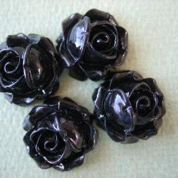 4PCS - Cabbage Rose Flower Cabochons - 15mm - Resin - Black - Findings by ZARDENIA