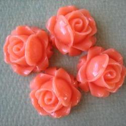 4PCS - Cabbage Rose Flower Cabochons - 15mm - Resin - Coral - Findings by ZARDENIA