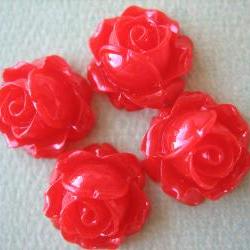 4PCS - Cabbage Rose Flower Cabochons - 15mm - Resin - Red - Findings by ZARDENIA