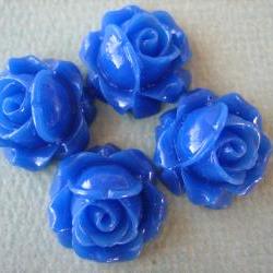 4PCS - Cabbage Rose Flower Cabochons - 15mm - Resin - Blue - Findings by ZARDENIA