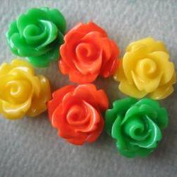 6PCS - Mini Rose Flower Cabochons - 10mm - Resin - Yellow, Green and Orange - Cabochons by ZARDENIA