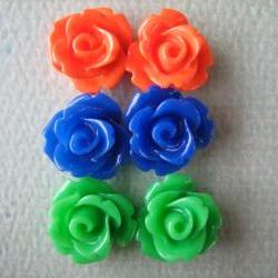 6PCS - Mini Rose Flower Cabochons - 10mm - Resin - Blue, Green and Orange - Cabochons by ZARDENIA